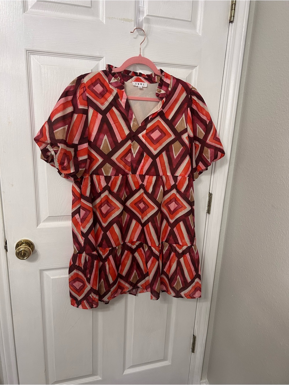 THML Geometric V-Neck Tunic in Pink, Red & Brown